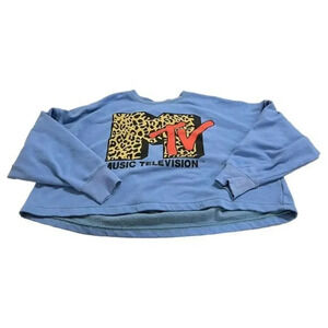 MTV Leopard Print Logo Retro Women's Blue Cropped Sweatshirt Size L